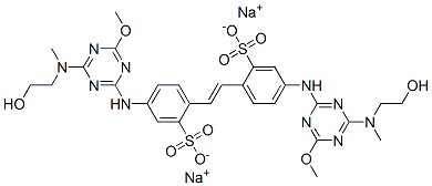 disodium 4,4'-bis[[4-[(2-hydroxyethyl)methylamino]-6-methoxy-1,3,5-triazin-2-yl]amino]stilbene-2,2'-disulphonate Struktur