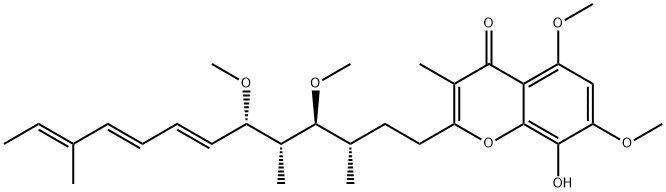 2-[(3S,4S,5S,6S,7E,9E,11E)-4,6-diMethoxy-3,5,11-triMethyl-7,9,11-tridecatrienyl]-8-hydroxy-5,7-diMethoxy-3-Methyl-4H-1-benzopyran-4-one Struktur