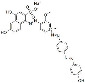 sodium 4,6-dihydroxy[[4-[[4-[(4-hydroxyphenyl)azo]phenyl]azo]-6-methoxy-p-tolyl]azo]naphthalene-2-sulphonate Struktur