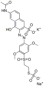 potassium sodium 6-(acetylamino)-3-[[2,5-dimethoxy-4-[[2-(sulphonatothio)ethyl]sulphonyl]phenyl]azo]-4-hydroxynaphthalene-2-sulphonate Struktur