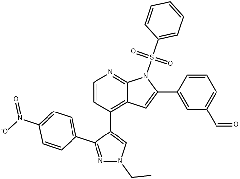 3-[4-[1-Ethyl-3-(4-nitrophenyl)-1H-pyrazol-4-yl]-1-(phenylsulfonyl)-1H-pyrrolo[2,3-b]pyridin-2-yl]benzaldehyde Struktur