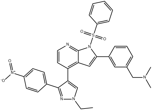 3-[4-[1-Ethyl-3-(4-nitrophenyl)-1H-pyrazol-4-yl]-1-(phenylsulfonyl)-1H-pyrrolo[2,3-b]pyridin-2-yl]-N,N-dimethylbenzenemethanamine Struktur