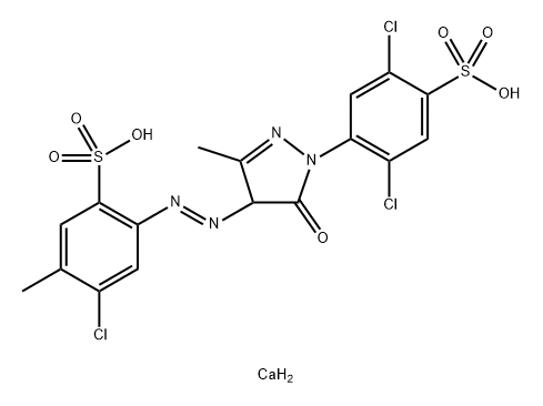 Benzenesulfonic acid, 4-chloro-2-[[1-(2,5-dichloro-4-sulfophenyl)-4,5-dihydro-3-methyl-5-oxo-1H-pyrazol-4-yl]azo]-5-methyl-, calcium salt Struktur