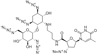 (2S,3S,5R)-3-AZIDO-N-(3-((1S,2S,3S,5R,6R)-3,5-DIAZIDO-2-((2S,3R,4R,5S,6R)-3-AZIDO-6-(AZIDOMETHYL)-4,5-DIHYDROXYTETRAHYDRO-2H-PYRAN-2-YLOXY)-6-HYDROXYCYCLOHEXYLAMINO)PROPYL)-5-(5-METHYL-2,4-DIOXO-3,4-DIHYDROPYRIMIDIN-1(2H)-YL)TETRAHYDROFURAN-2-CARBOXAMIDE Struktur