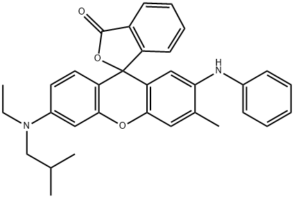 6-(Isobutyl ethyl amino)-3-methyl-2-phenylamino-spiro(iso-benzofuran-1-(3H),9,-(9H)xanthene)-3-one Struktur