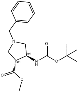 (trans)-methyl 1-benzyl-4-(tert-butoxycarbonylamino)pyrrolidine-3-carboxylate Struktur