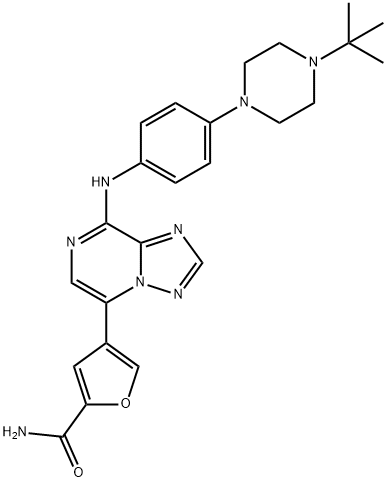 4-(8-((4-(4-(tert-butyl)piperazin-1-yl)phenyl)aMino)-[1,2,4]triazolo[1,5-a]pyrazin-5-yl)furan-2-carboxaMide Struktur