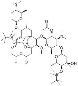 9(2R,5S,6R)]-18-Deoxo-3-deoxy-4B-O-[(1,1-dimethylethyl)dimethylsilyl]-18-[[(1,1-dimethylethyl)dimethylsilyl]oxy]-3,18-epoxy-9-O-[tetrahydro-6-methyl-5-(methylamino)-2H-pyran-2-yl]-leucomycin V 2B-Acetate Struktur