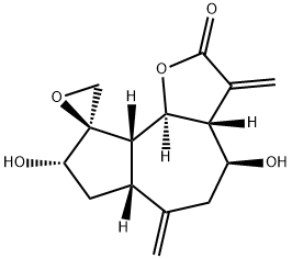 Spiro[azuleno[4,5-b]furan-9(2H),2'-oxiran]-2-one, decahydro-4,8-dihydroxy-3,6-bis(methylene)-, (2'R,3aR,4S,6aR,8S,9aS,9bS)- Struktur