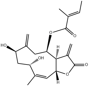 2-Methylcrotonic acid (3aR,4R,7R,9S,10Z,11aR)-2,3,3a,4,5,6,7,8,9,11a-decahydro-7,9-dihydroxy-10-methyl-3,6-bis(methylene)-2-oxocyclodeca[b]furan-4-yl ester Struktur