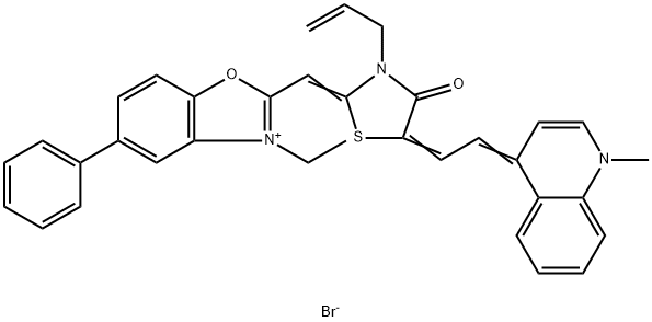 2-[[3-allyl-5-[(1-methyl-1H-quinolin-4-ylidene)ethylidene]-4-oxothiazolidin-2-ylidene]methyl]-3-ethyl-5-phenylbenzoxazolium bromide Struktur