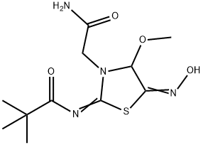 5-(hydroxyimino)-4-methoxy-2-(pivaloylimino)thiazolidine-3-acetamide Struktur