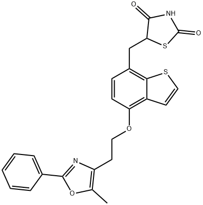 5-((4-(2-(5-methyl-2-phenyloxazol-4-yl)ethoxy)benzo[b]thiophen-7-yl)methyl)thiazolidine-2,4-dione Struktur