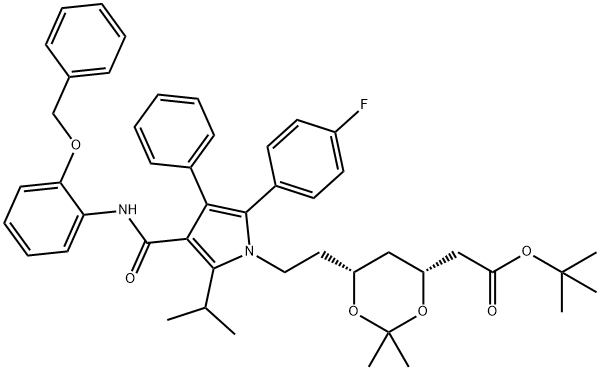 (6-{2-[3-(2-Benzyloxy-phenylcarbamoyl)-5-(4-fluoro-phenyl)-2-isopropyl-4-phenyl-pyrrol-1-yl]-ethyl}-2,2-dimethyl-[1,3]-dioxane-4-yl)-acetic Acid, tert-Butyl Ester Struktur