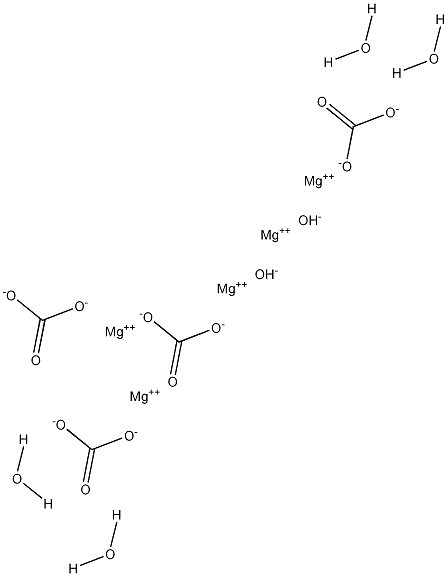 Pentamagnesium dihydroxide tetracarbonate tetrahydrate Struktur