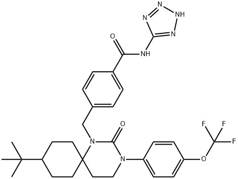 Benzamide, 4-[[9-(1,1-dimethylethyl)-2-oxo-3-[4-(trifluoromethoxy)phenyl]-1,3-diazaspiro[5.5]undec-1-yl]methyl]-N-2H-tetrazol-5-yl- Struktur