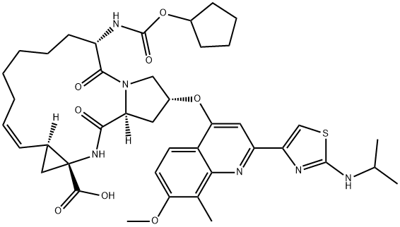 (2R,6S,12Z,13aS,14aR,16aS)-6-[[(Cyclopentyloxy)carbonyl]amino]-1,2,3,6,7,8,9,10,11,13a,14,15,16,16a-tetradecahydro-2-[[7-methoxy-8-methyl-2-[2-[(1-methylethyl)amino]-4-thiazolyl]-4-quinolinyl]oxy]-5,16-dioxocyclopropa[e]pyrrolo[1,2-a][1,4]diazacyclopentadecine-14a(5H)-carboxylic acid Struktur