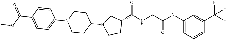 Benzoic acid, 4-[4-[(3R)-3-[[[2-oxo-2-[[3-(trifluoromethyl)phenyl]amino]ethyl]amino]carbonyl]-1-pyrrolidinyl]-1-piperidinyl]-, methyl ester Struktur