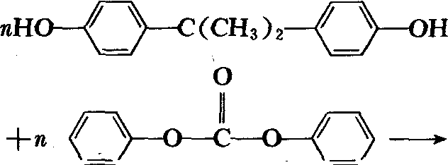 酯交換法生產聚碳酸酯的反應式