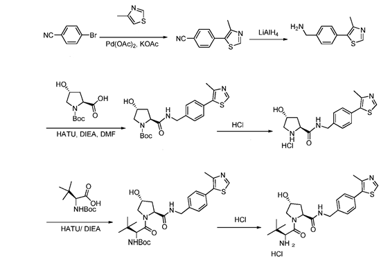 (2S,4R)-1-((S)-2-氨基-3,3-二甲基丁?；?-4-羥基-N-(4-(4-甲基噻唑-5-基)芐基)吡咯烷-2-甲酰胺鹽酸鹽合成路線