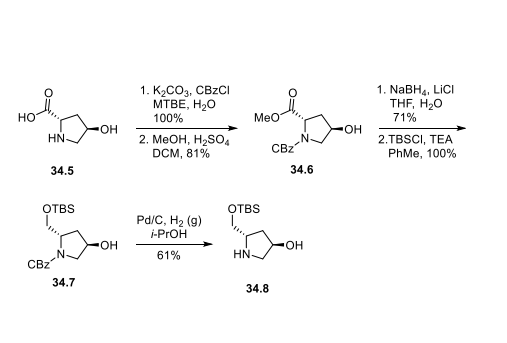 Conversion of Hydroxyproline 34.5 to Prolinol Silyl Ether 34.8