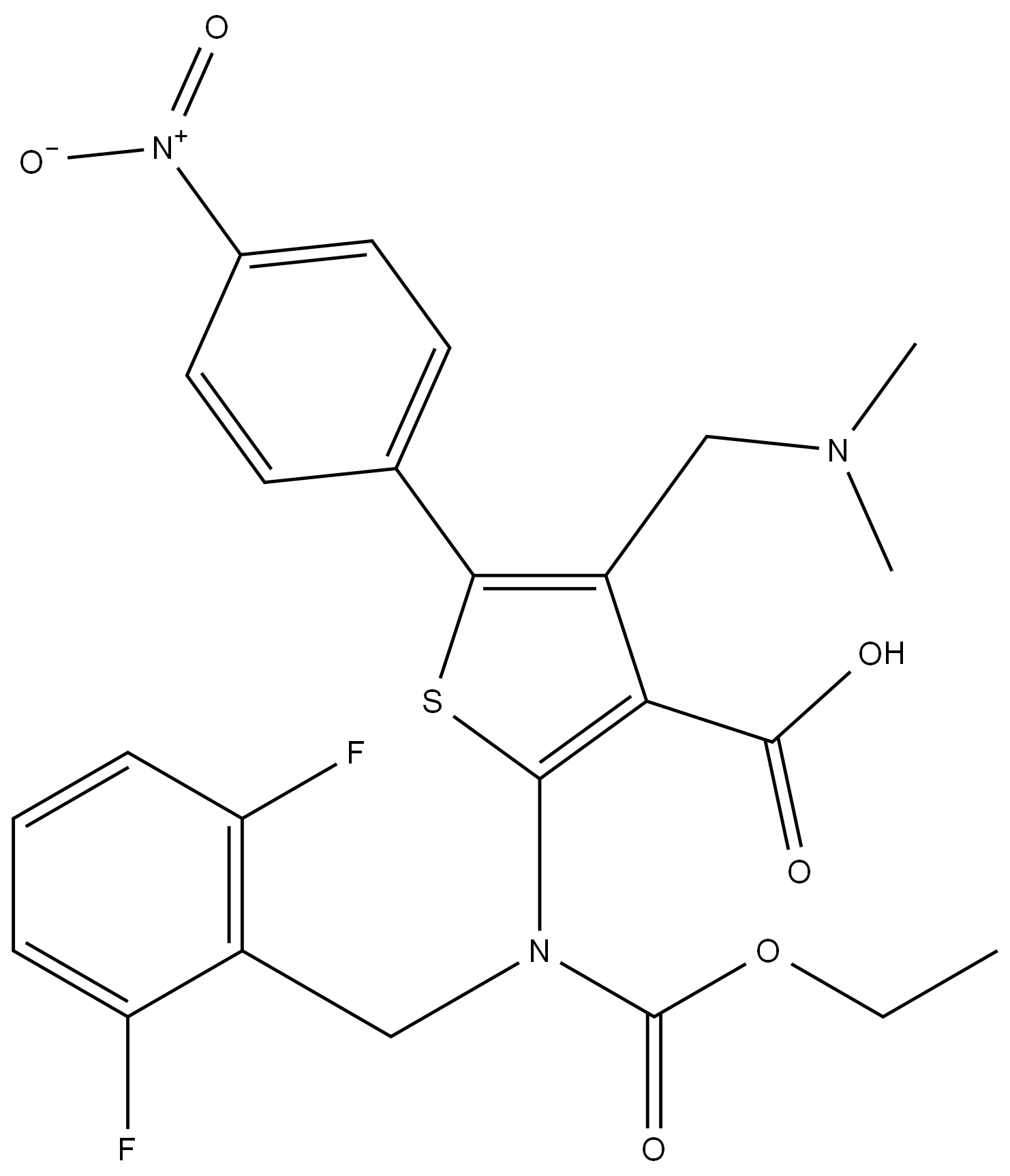 2-((2,6-difluorobenzyl)(ethoxycarbonyl)amino)-4-((dimethylamino)methyl)-5-(4-nitrophenyl)thiophene-3-carboxylic acid