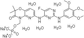 CAS # 914295-16-2, Fostamatinib disodium salt hexahydrate, 6-[[5-Fluoro-2-[(3,4,5-trimethoxyphenyl)amino]-4-pyrimidinyl]amino]-2,2-dimethyl-4-[(phosphonooxy)methyl]-2H-pyrido[3,2-b]-1,4-oxazin-3(4H)-one disodium salt hexahydrate