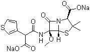 CAS # 61545-06-0, Temocillin disodium salt, (2S,5R,6S)-6-[[2-Carboxy-2-(3-thienyl)acetyl]amino]-6-methoxy-3,3-dimethyl-7-oxo-4-thia-1-azabicyclo[3.2.0]heptane-2-carboxylic acid sodium salt