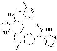 CAS # 1289023-67-1, Rimegepant, BMS 927711, 4-(2,3-Dihydro-2-oxo-1H-imidazo[4,5-b]pyridin-1-yl)-1-piperidinecarboxylic acid (5S,6S,9R)-5-amino-6-(2,3-difluorophenyl)-6,7,8,9-tetrahydro-5H-cyclohepta[b]pyridin-9-yl ester