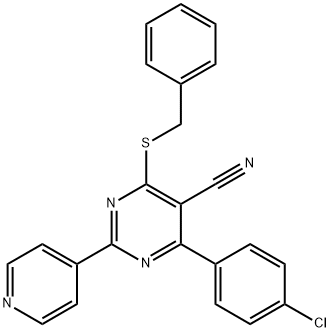 4-(BENZYLSULFANYL)-6-(4-CHLOROPHENYL)-2-(4-PYRIDINYL)-5-PYRIMIDINECARBONITRILE Struktur