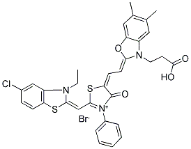 2-[(5-(2-(3-CARBOXYETHYL-5,6-DIMETHYL-2-BENZOXAZOLINYLIDENE) ETHYLIDENE]-4-OXO-3-PHENYL-2-THIAZOLIDINYLIDENE]METHYL)5-CHLORO-3-ETHYL BENZOTHIAZOLIUM BROMIDE Struktur