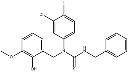 N'-BENZYL-N-(3-CHLORO-4-FLUOROPHENYL)-N-(2-HYDROXY-3-METHOXYBENZYL)THIOUREA Struktur