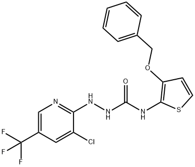 N-[3-(BENZYLOXY)-2-THIENYL]-2-[3-CHLORO-5-(TRIFLUOROMETHYL)-2-PYRIDINYL]-1-HYDRAZINECARBOXAMIDE Struktur