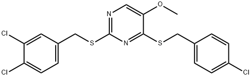 4-[(4-CHLOROBENZYL)SULFANYL]-2-[(3,4-DICHLOROBENZYL)SULFANYL]-5-METHOXYPYRIMIDINE Struktur