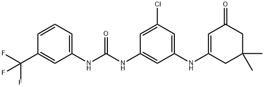 ((3-((5,5-DIMETHYL-3-OXOCYCLOHEX-1-ENYL)AMINO)-5-CHLOROPHENYL)AMINO)-N-(3-(TRIFLUOROMETHYL)PHENYL)FORMAMIDE Struktur