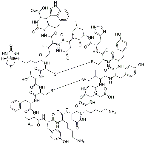 BIOTIN-CYS-THR-CYS-PHE-THR-TYR-LYS-ASP-LYS-GLU-CYS-VAL-TYR-TYR-CYS-HIS-LEU-ASP-ILE-ILE-TRP Struktur