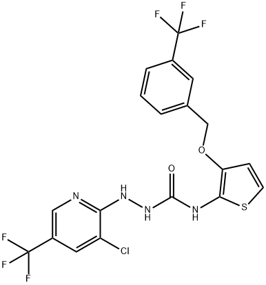 2-[3-CHLORO-5-(TRIFLUOROMETHYL)-2-PYRIDINYL]-N-(3-([3-(TRIFLUOROMETHYL)BENZYL]OXY)-2-THIENYL)-1-HYDRAZINECARBOXAMIDE Struktur