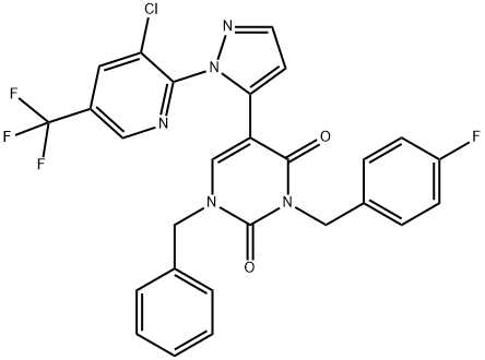 1-BENZYL-5-(1-[3-CHLORO-5-(TRIFLUOROMETHYL)-2-PYRIDINYL]-1H-PYRAZOL-5-YL)-3-(4-FLUOROBENZYL)-2,4(1H,3H)-PYRIMIDINEDIONE Struktur