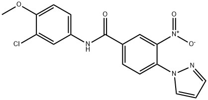 N-(3-CHLORO-4-METHOXYPHENYL)-3-NITRO-4-(1H-PYRAZOL-1-YL)BENZENECARBOXAMIDE Struktur