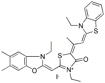 3-ETHYL-2-((3-ETHYL-5-(1-METHYL-2-(3-ETHYL-2-BENZOTHIAZOLINYLIDENE) ETHYLIDENE)-4-OXO-2-THIAZOLIDINYLIDENE) METHYL)-5,6-DIMETHYL BENZOXAZOLIUM IODIDE Struktur