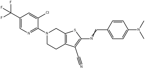 6-[3-CHLORO-5-(TRIFLUOROMETHYL)-2-PYRIDINYL]-2-(([4-(DIMETHYLAMINO)PHENYL]METHYLENE)AMINO)-4,5,6,7-TETRAHYDROTHIENO[2,3-C]PYRIDINE-3-CARBONITRILE Struktur