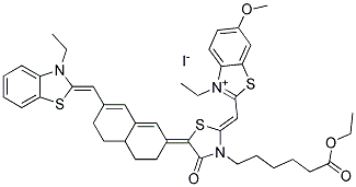 2-((3-(6-ETHOXY-6-OXOHEXYL)-5-[7-([3-ETHYL-1,3-BENZOTHIAZOL-2(3H)-YLIDENE]METHYL)-4,4A,5,6-TETRAHYDRO-2(3H)-NAPHTHALENYLIDENE]-4-OXO-1,3-THIAZOLIDIN-2-YLIDENE)METHYL)-3-ETHYL-6-METHOXY-1,3-BENZOTHIAZOL-3-IUM IODIDE Struktur