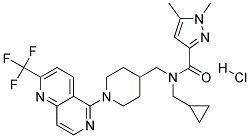 N-(CYCLOPROPYLMETHYL)-1,5-DIMETHYL-N-((1-[2-(TRIFLUOROMETHYL)-1,6-NAPHTHYRIDIN-5-YL]PIPERIDIN-4-YL)METHYL)-1H-PYRAZOLE-3-CARBOXAMIDE HYDROCHLORIDE Struktur