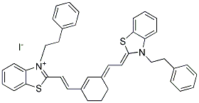 3-PHENETHYL-2-[(E)-2-(3-((E)-2-[3-PHENETHYL-1,3-BENZOTHIAZOL-2(3H)-YLIDENE]ETHYLIDENE)-1-CYCLOHEXEN-1-YL)ETHENYL]-1,3-BENZOTHIAZOL-3-IUM IODIDE Struktur