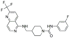 N-(3-FLUOROPHENYL)-4-(([2-(TRIFLUOROMETHYL)-1,6-NAPHTHYRIDIN-5-YL]AMINO)METHYL)PIPERIDINE-1-CARBOXAMIDE Struktur