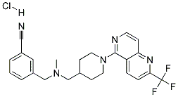 3-([METHYL((1-[2-(TRIFLUOROMETHYL)-1,6-NAPHTHYRIDIN-5-YL]PIPERIDIN-4-YL)METHYL)AMINO]METHYL)BENZONITRILE HYDROCHLORIDE Struktur