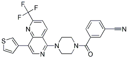 3-((4-[8-(3-THIENYL)-2-(TRIFLUOROMETHYL)-1,6-NAPHTHYRIDIN-5-YL]PIPERAZIN-1-YL)CARBONYL)BENZONITRILE Struktur