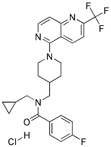 N-(CYCLOPROPYLMETHYL)-4-FLUORO-N-((1-[2-(TRIFLUOROMETHYL)-1,6-NAPHTHYRIDIN-5-YL]PIPERIDIN-4-YL)METHYL)BENZAMIDE HYDROCHLORIDE Struktur