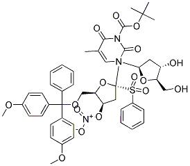 3-N-BOC-1-[5-O-(4,4'-DIMETHOXYTRITYL)-3-O-NITROPHENYLSULFONYL-2-DEOXY-B-D-LYXOFURANOSYL]THYMIDINE Struktur