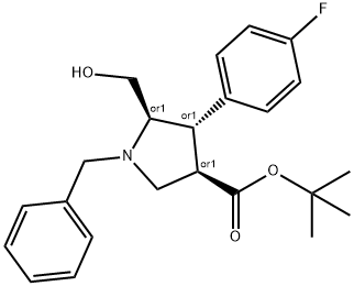 (4R,5S)-1-BENZYL-4-(4-FLUORO-PHENYL)-5-HYDROXYMETHYL-PYRROLIDINE-3-CARBOXYLIC ACID TERT-BUTYL ESTER Struktur